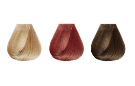 Hair dye samples in blonde, red and brunette shades.