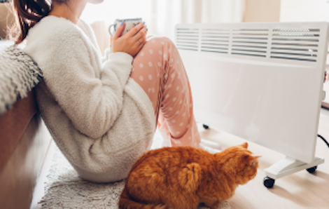 Image of a woman and cat in front of a heater