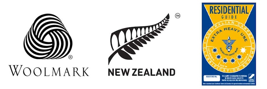 Woolmark, Fernmark and Australian Carpet Classification Scheme logos.