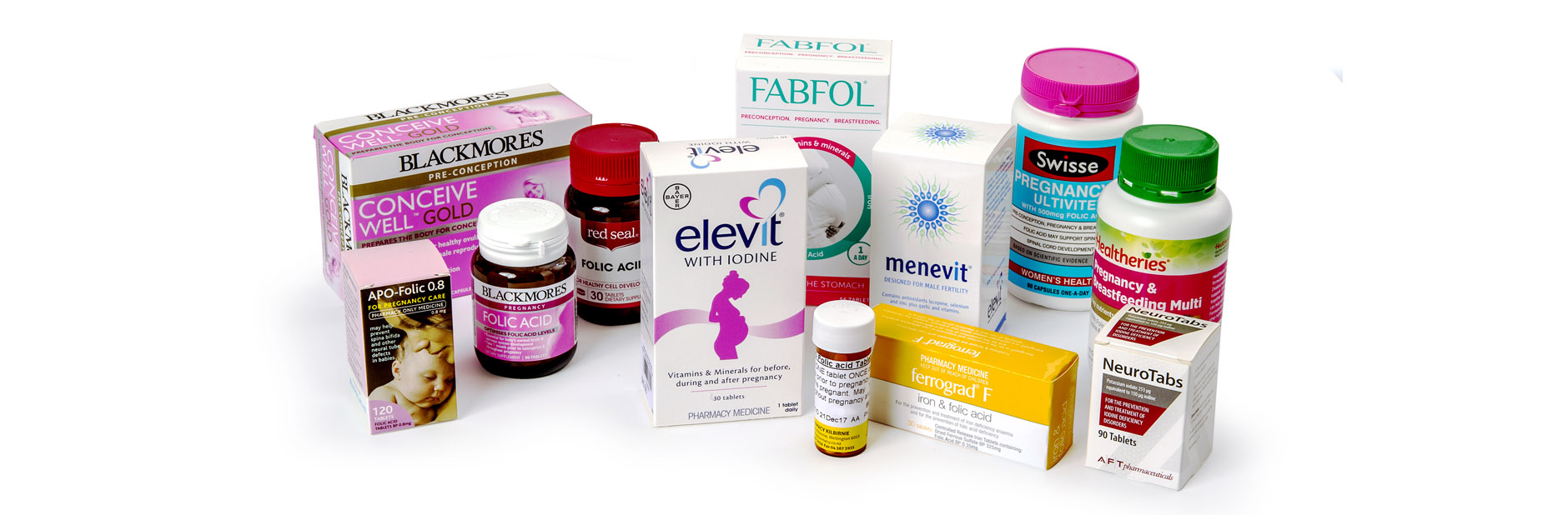 Bottles and boxes of pregnancy vitamins