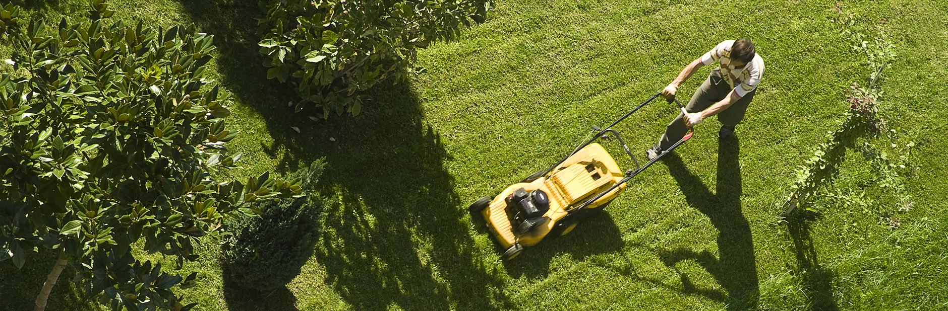 Aerial view of man with yellow lawnmower.