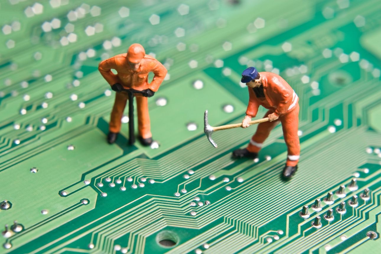 Toy miners on a circuit board