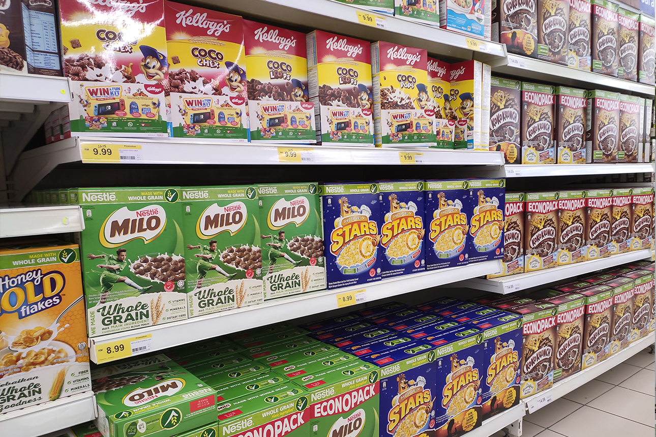 Kids' cereals supermarket isle.