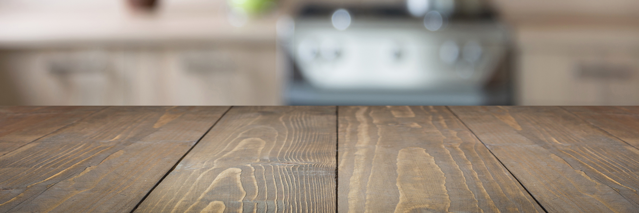 Modern kitchen tabletop with blurred background.