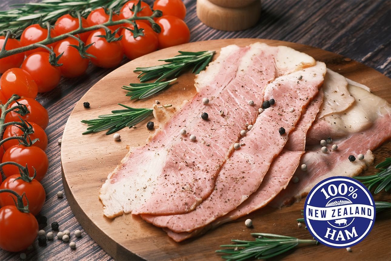 Photo of Christmas ham on table with 100% NZ ham sticker.