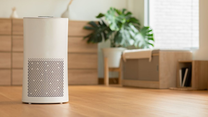 Air purifier in cozy white living room.