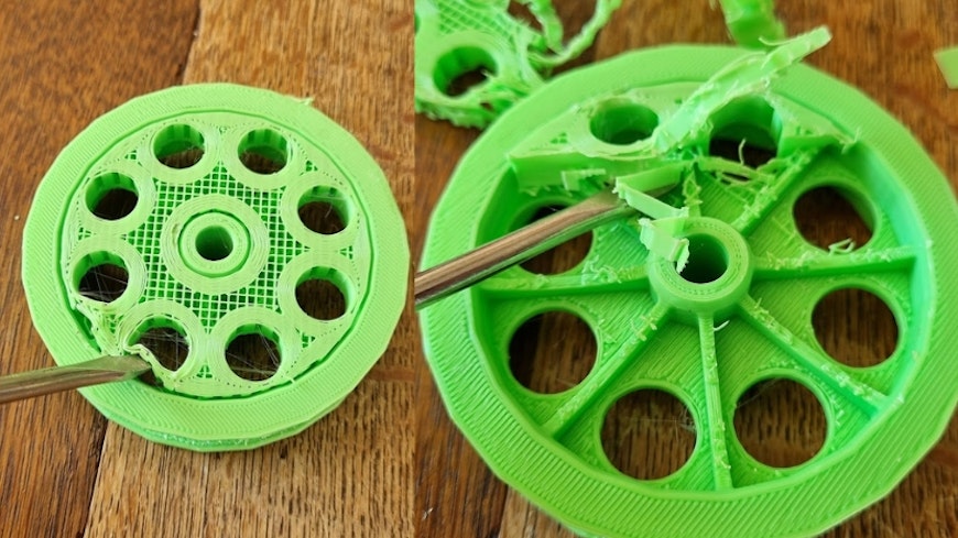 Image of a green, 3D-printed Suzy trundler wheel