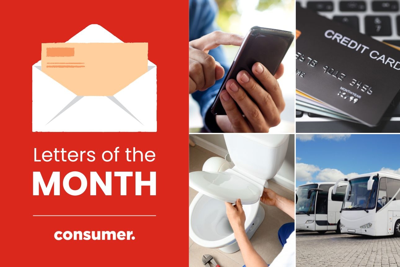 Image of a bus, phone, toilet and credit card