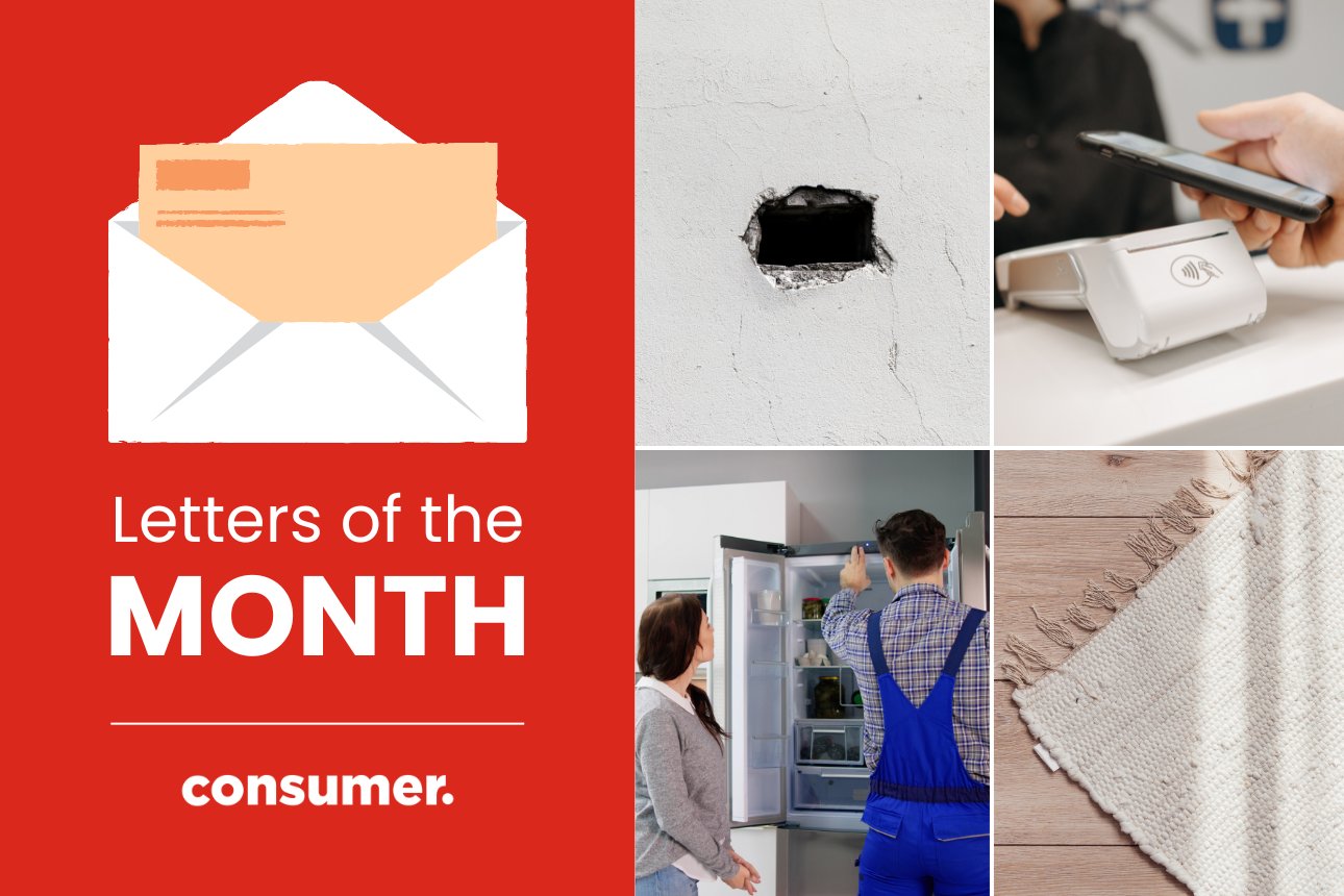 Image of a carpet, fridge and hole in the wall