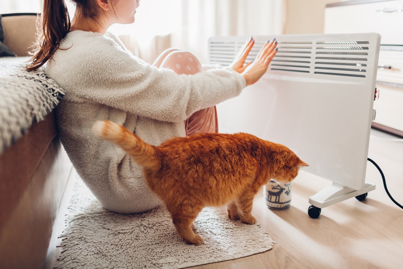 Woman and cat warming up in front of electric heater