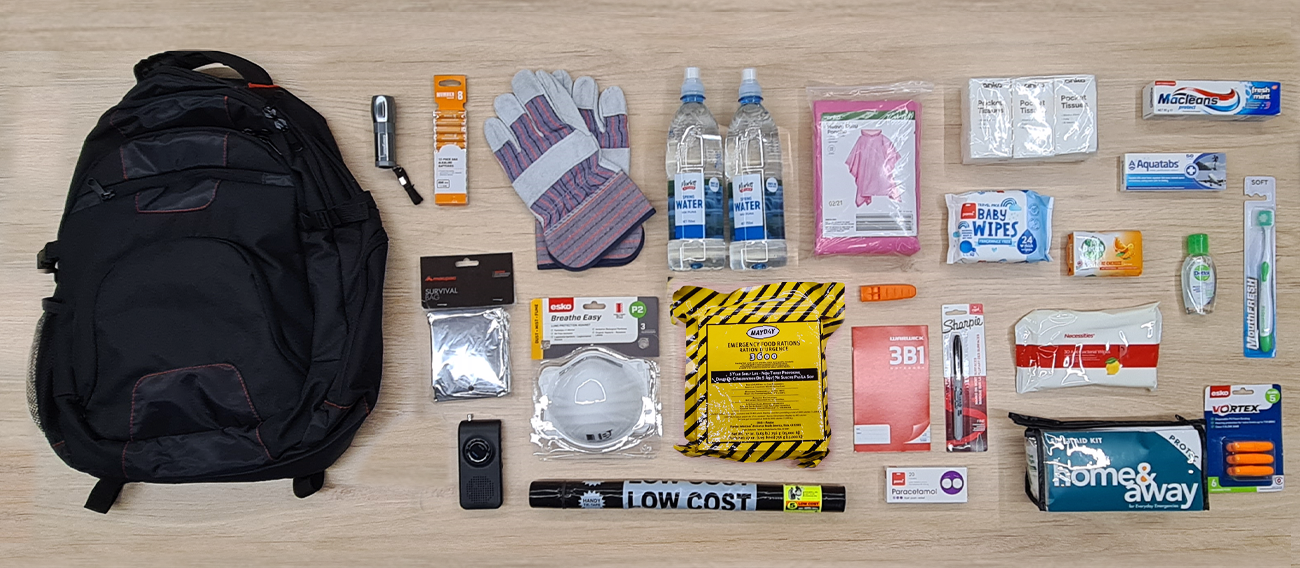 Photograph of all the items in Consumer's DIY emergency kit.