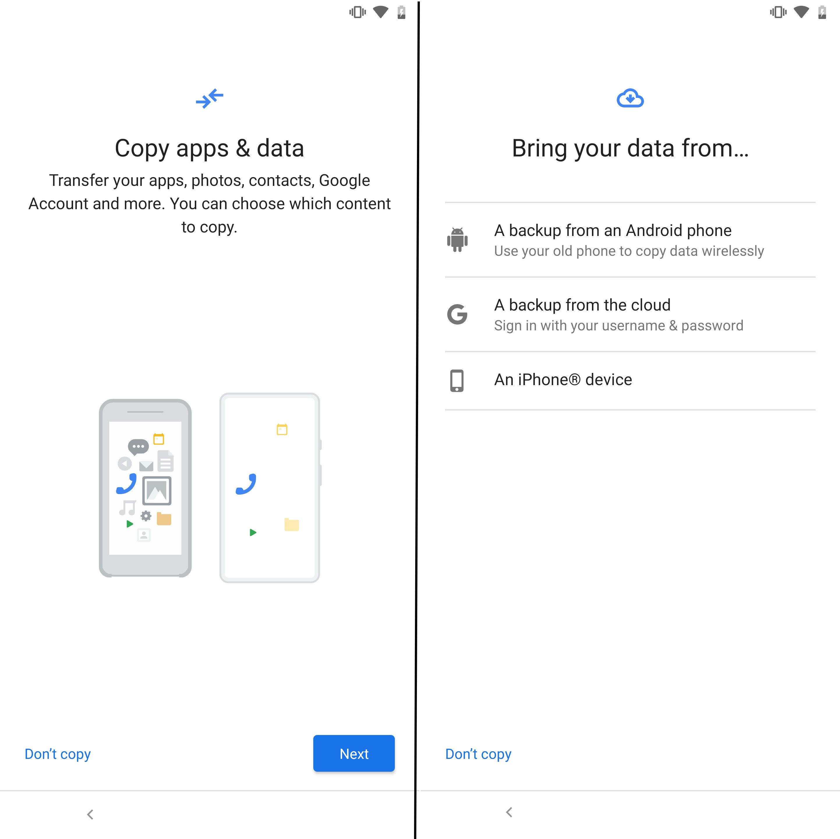 Screenshots showing the Android set up process
