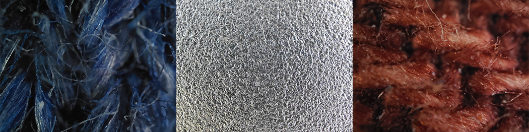 Close up photographs of various fabrics and surfaces.