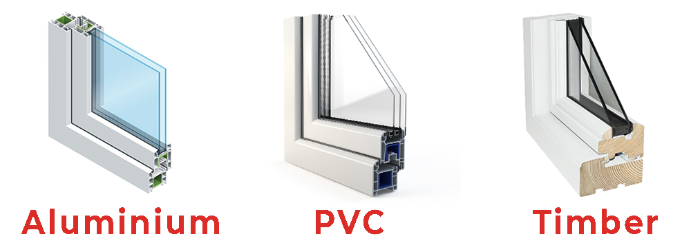 Image illustrating differences between aluminium, timber and PVC window frames.