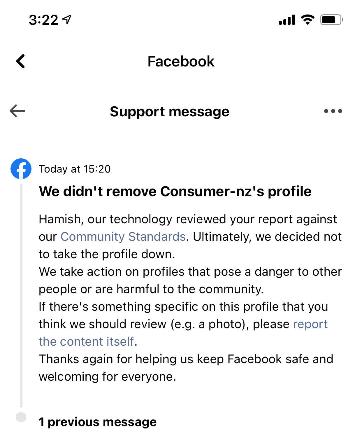 Screenshot of customer support message regarding Consumer NZ fake Facebook page.