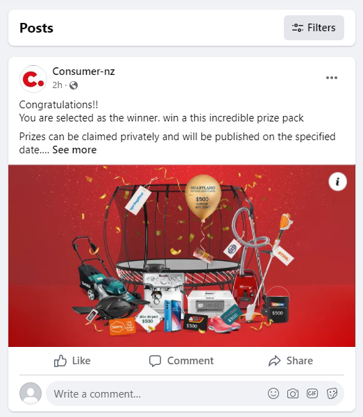 Fake Consumer NZ Facebook profile post.