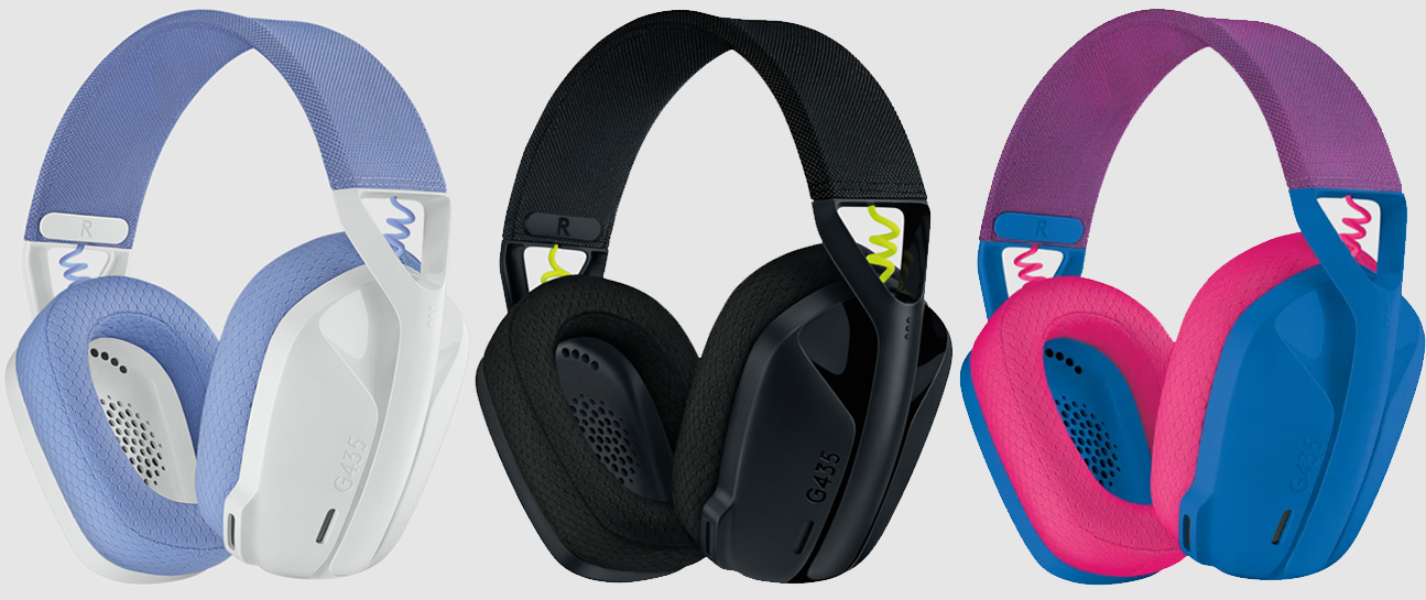 Photo shot of Logitech G435 Lightspeed in various colours.