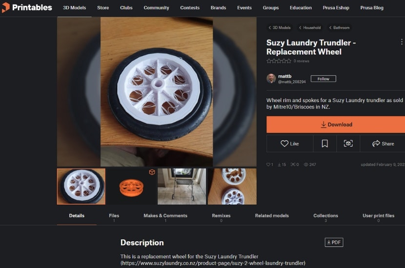 Screenshot of a webpage showing a 3D print model of a Suzy laundry trundler replacement wheel