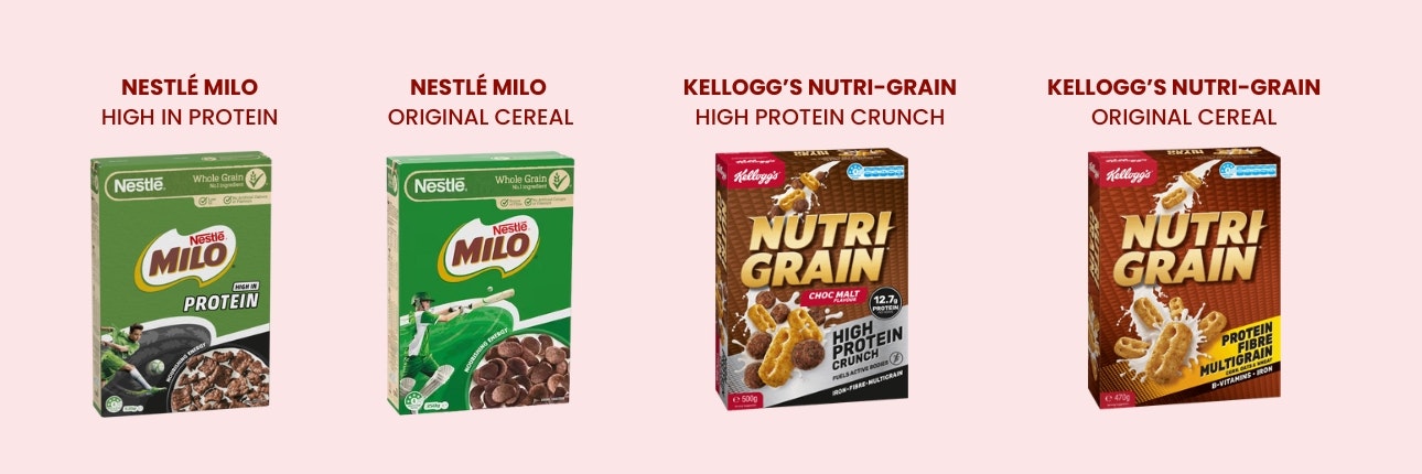 Four breakfast cereals next to each other.