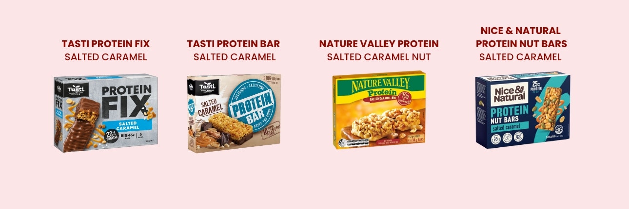 Four boxes of muesli bars next to each other.