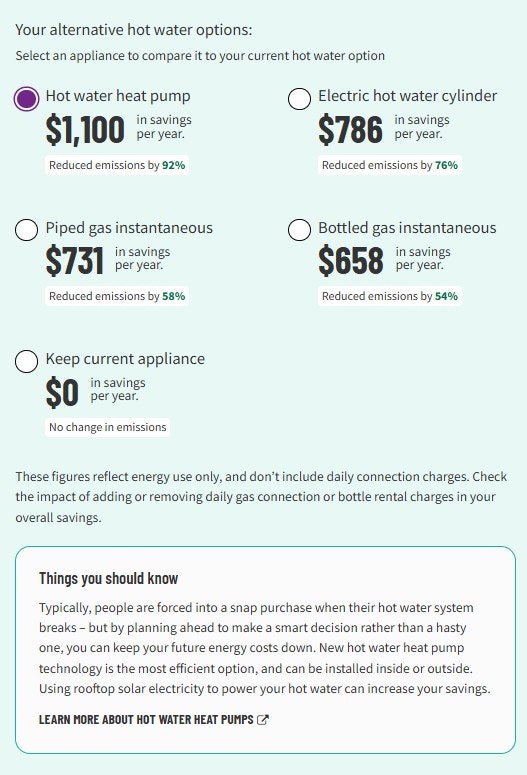 Screenshot of a webpage showing alternative hot water options.
