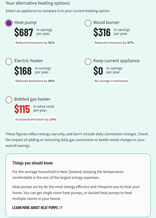 Screenshot of a webpage showing alternative heating options.