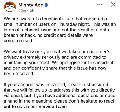 Screenshot of Mighty Ape's statement.