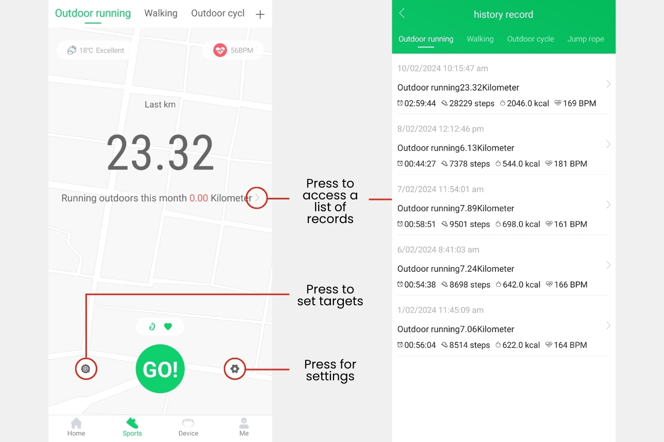 Sports tab and list of activity records