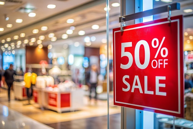 a bright red sign outside a retail store claims 50% off