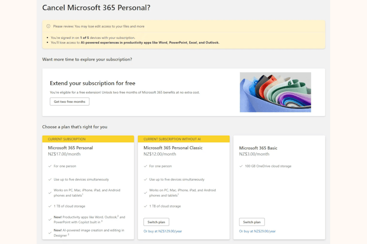 Screenshot of Microsoft cancellation