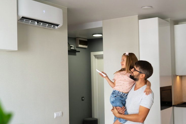 Father with daughter turning on air conditioner