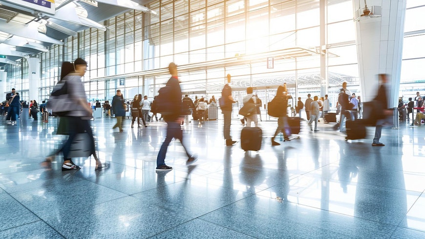 People walking through airport.