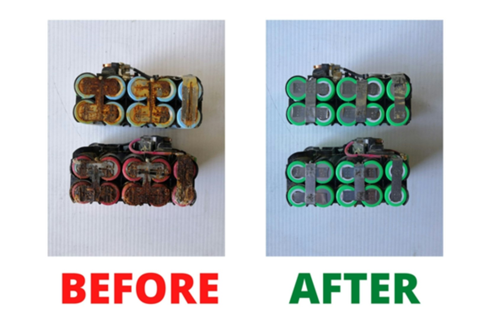Battery packs before and after repacking by RePower Batteries.