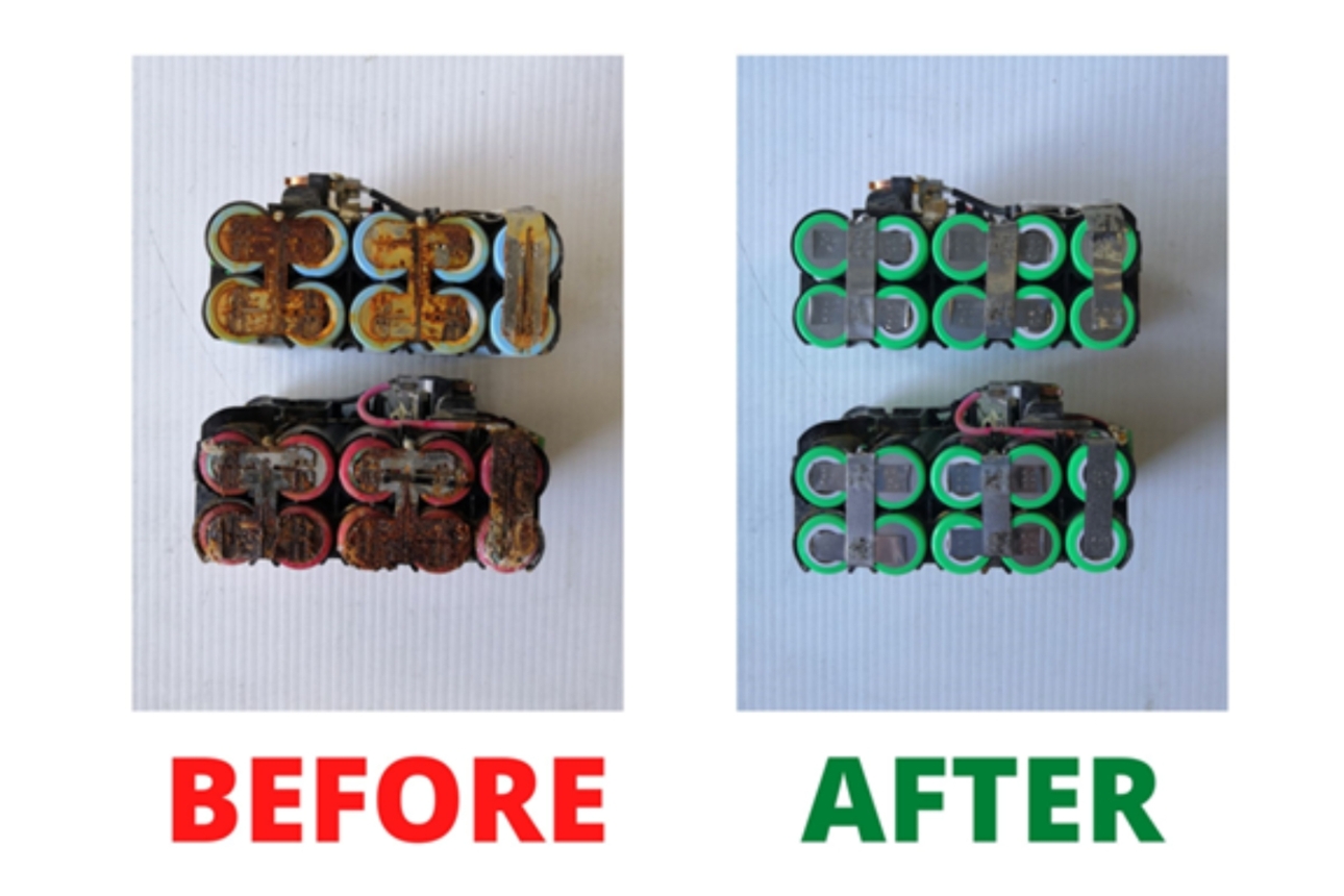 Battery repacking before and after.