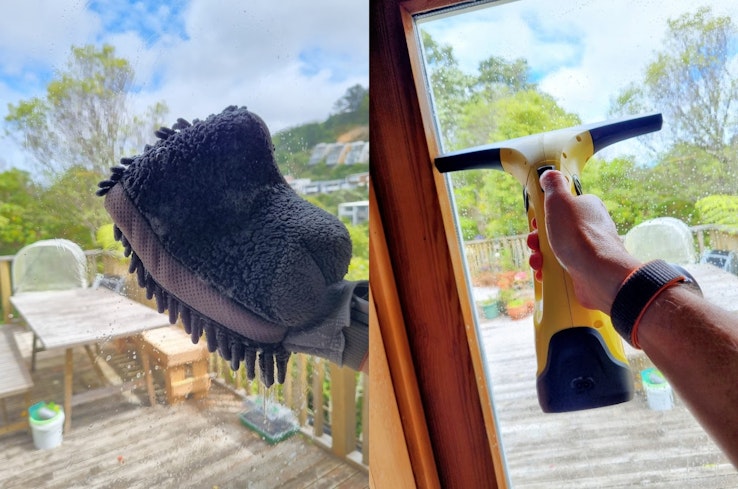 Microfibre towel and window cleaner.
